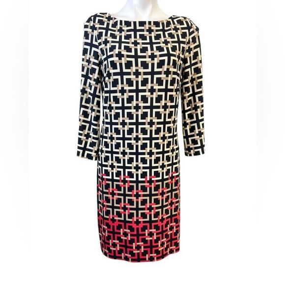 Eliza J dress size 12 tan red multicolor geometric print shift knee length - Picture 2 of 5